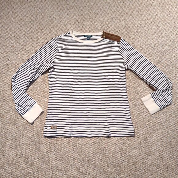 Lauren Ralph Lauren Top Shirt Womens XL Striped Elbow Patches Zipper Preppy - Picture 1 of 9